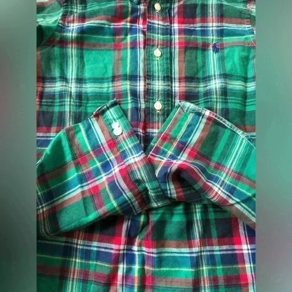Ralph Lauren Boys 5 Green Plaid Oxford Cotton Button-Up Shirt - VGUC!